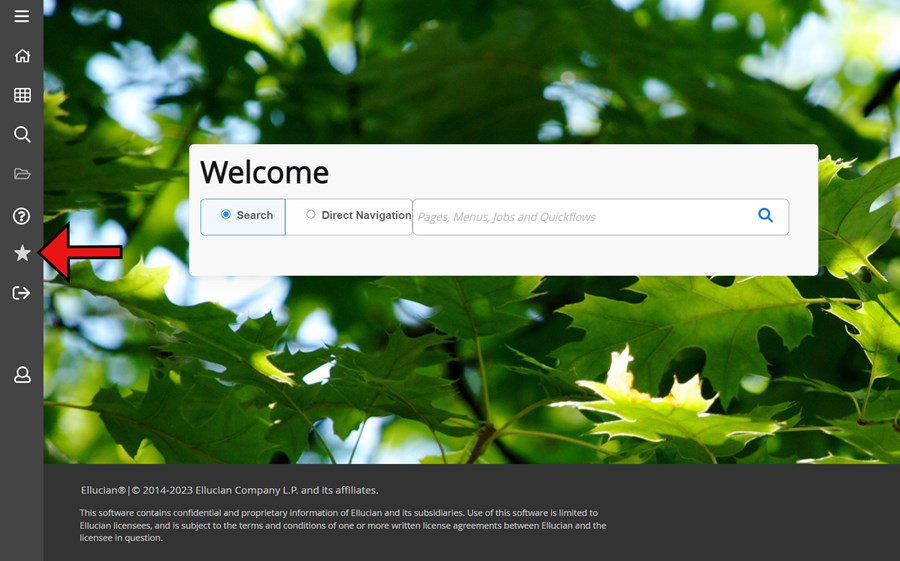 A screenshot of the Banner home page. A red arrow is pointing to the star icon available in the navigation bar on the left. The navigation bar is vertical, gray, and the star is the seventh icon from the top.