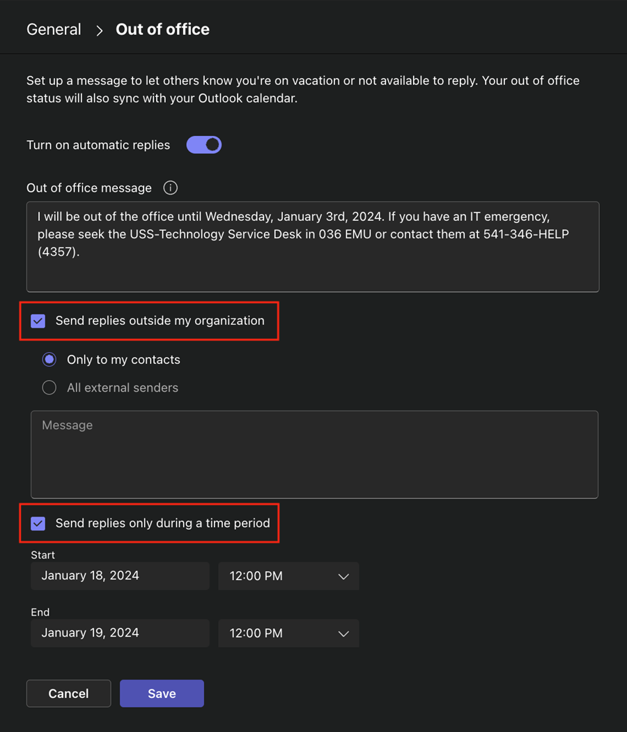 Automatic replies to outside of organization for a set time.