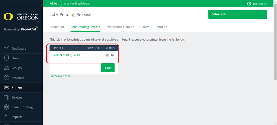 Jobs pending release page, printers are listed that are available to release jobs to.  is-duckprints\EMU-1 is circled in red as an example of an available printer to release print job to