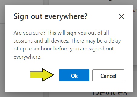An image of a Microsoft confirmation box. A yellow arrow points to a button labeled OK at the bottom.