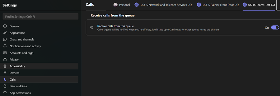 Microsoft Teams window highlighting the Settings and more menu, with Settings and Calls visible and the call queue selected.
