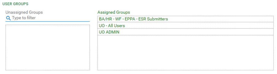 Select the name of a group from the Unassigned Groups column in order to add that user to the group.