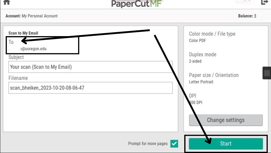 PaperCut screen highlighting the To: field and Start button.