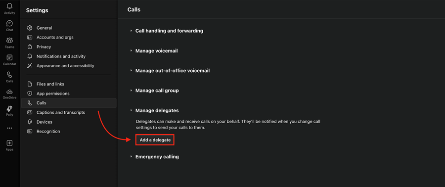 Settings window, General tab selected, Delegation settings highlighted.