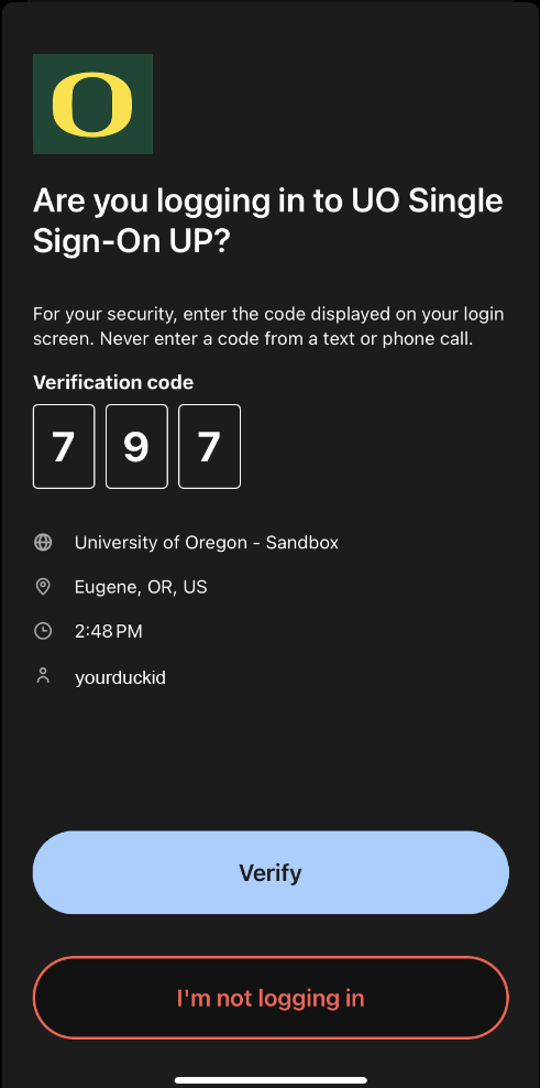 Duo UP Verified Push code entry screen