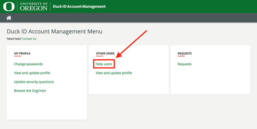 Duck ID Account Management Menu with Help users link highlighted