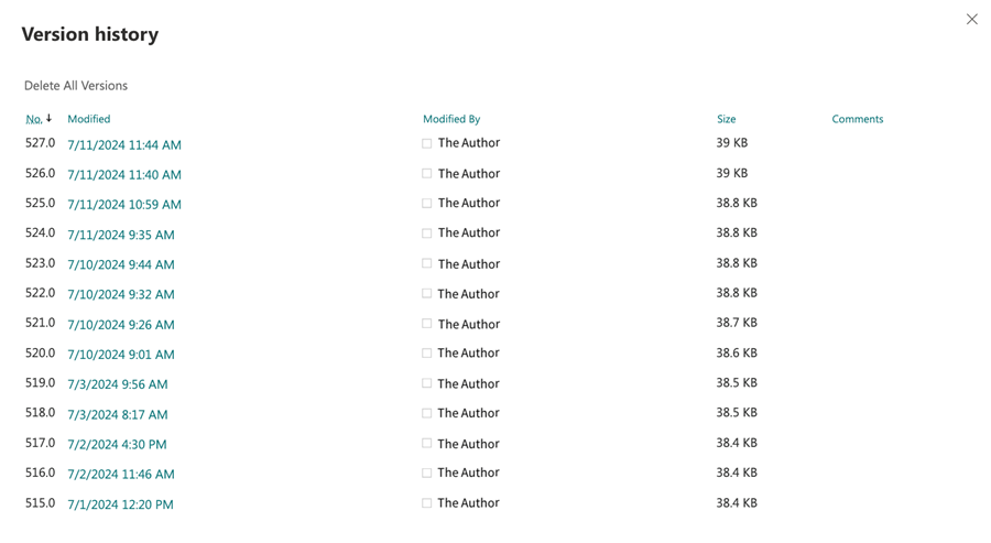 SharePoint file version history