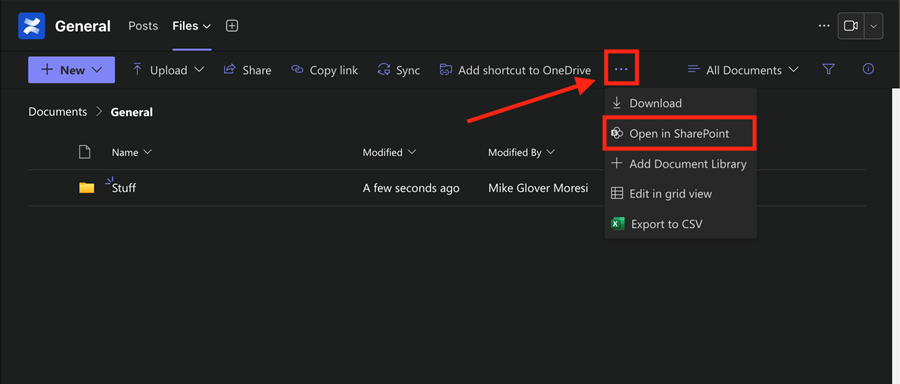 Teams Files, Open in SharePoint option highlighted