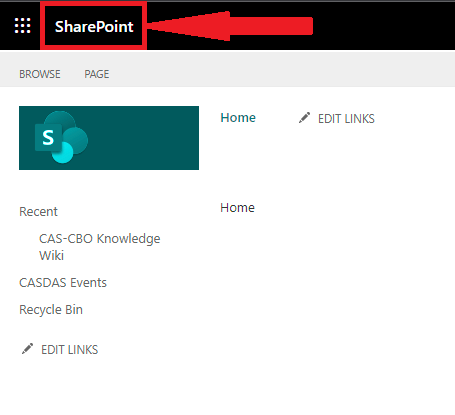 SharePoint link in the upper-left corner