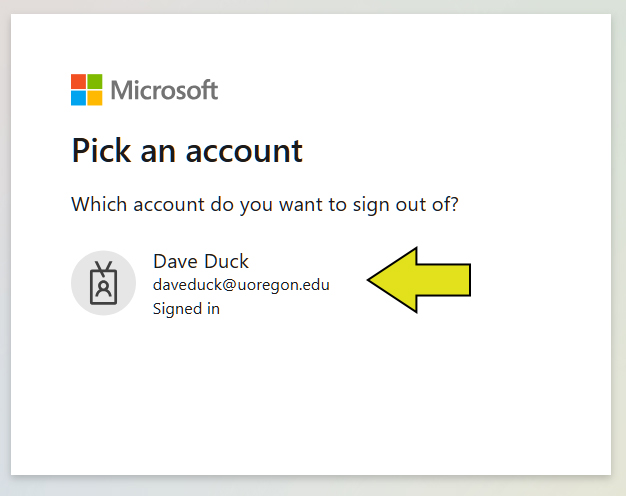 An image of a Microsoft screen titled Pick an account. A yellow arrow points to an account listed on the page.