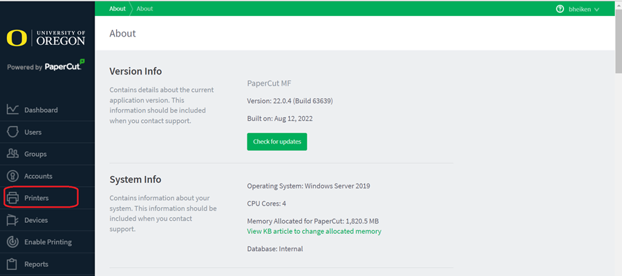 Papercut Admin Portal Homepage. Different categories listed.  "Printers" circled in red