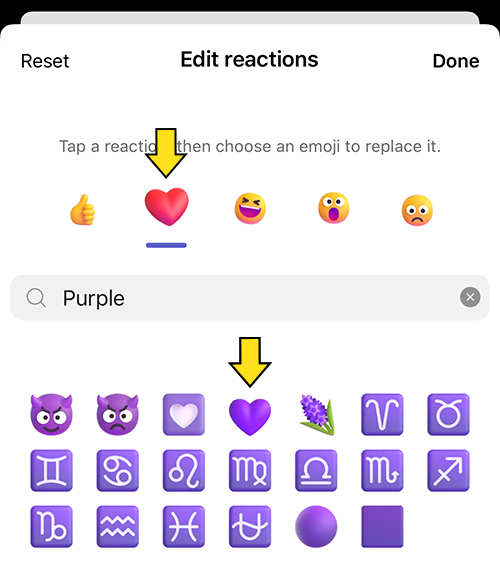 A screenshot of the Edit Reaction screen in Teams mobile app. The red heart has been selected, the word "purple" has been entered into the search box. The red heart and the purple heart are highlighted with yellow arrows.