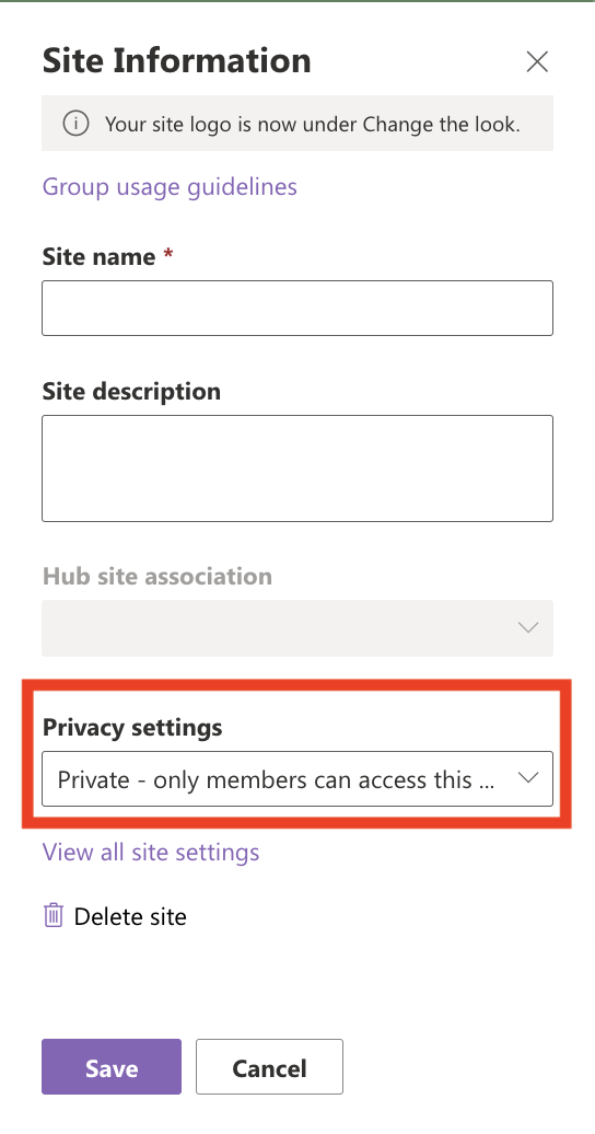 Privacy settings drop-down menu