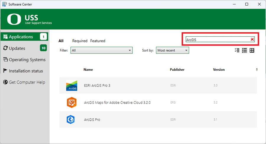 Screenshot of the Software Center app. A menu on the left shows the "Applications" page is selected. "ArcGIS" has been entered into the search bar in the top right corner. A list of three ArcGIS related apps is shown in the center.