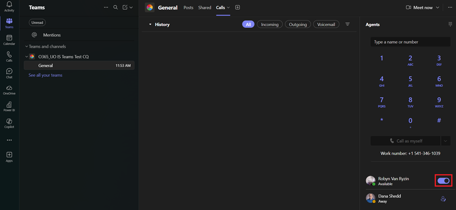 Call queue team view showing the Calls tab, dial pad and availability toggle.