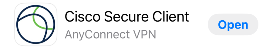 An image showing the Cisco Secure Client app in the App Store. The app is sub-titled "AnyConnect VPN" and there is a button to the right that says "Open"