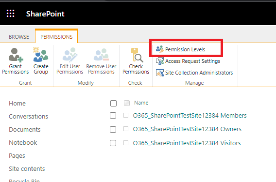 Permissions menu > Permission Levels