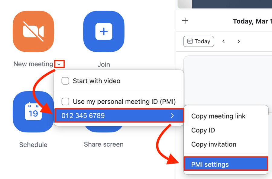 New Meeting > PMI Settings menu