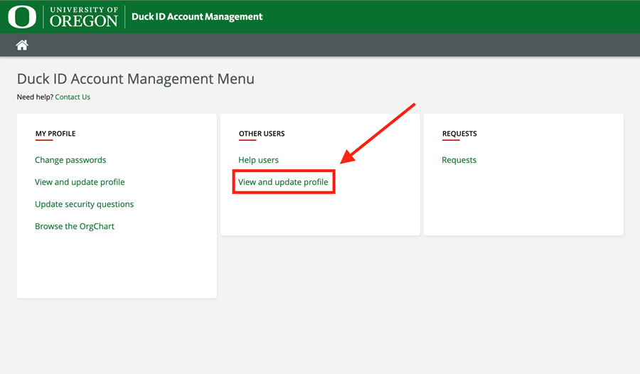 View and update profile link highlighted