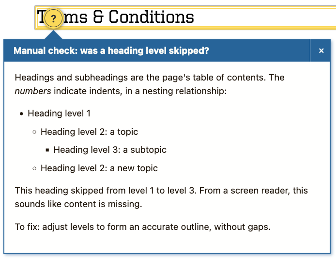 Screenshot showing Editoria11y tooltip window with a manual check alert