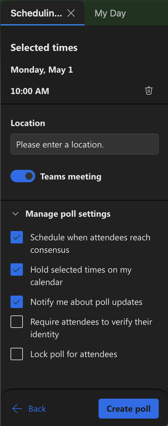 Selected times, location, and poll settings (described in Steps 12 and 13)