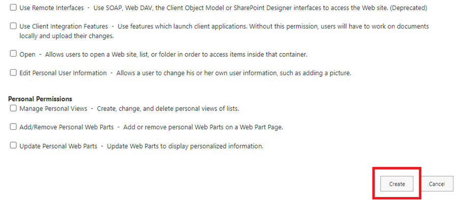 List, site, and personal permissions options.