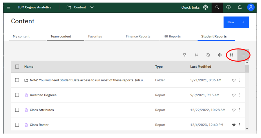 Cognos content view options