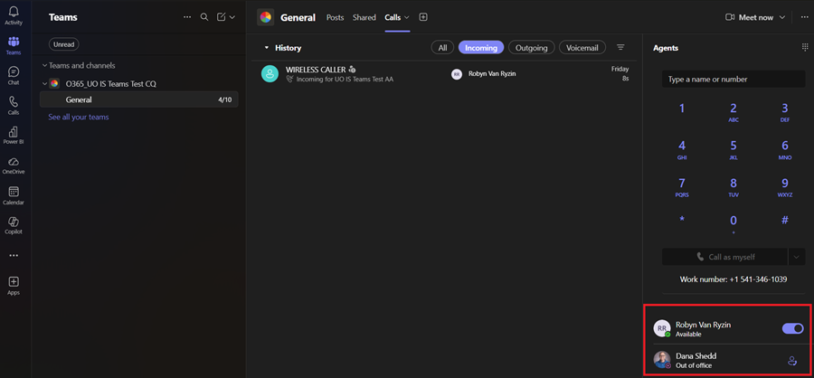 Call queue team view showing the Calls tab, dial pad, availability toggle and member list.