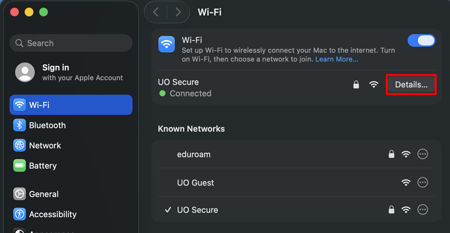 Click to View Full Image Once the Wi-Fi Settings window has opened, select 'Details...' for the current connection.