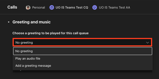 A screenshot of the settings of a call queue, with all the options for the call queue greeting in the dropdown shown.
