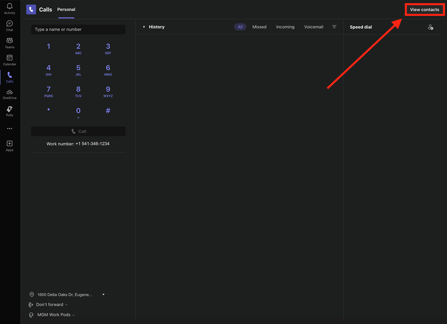View Contacts button within the Calls screen (at the top)