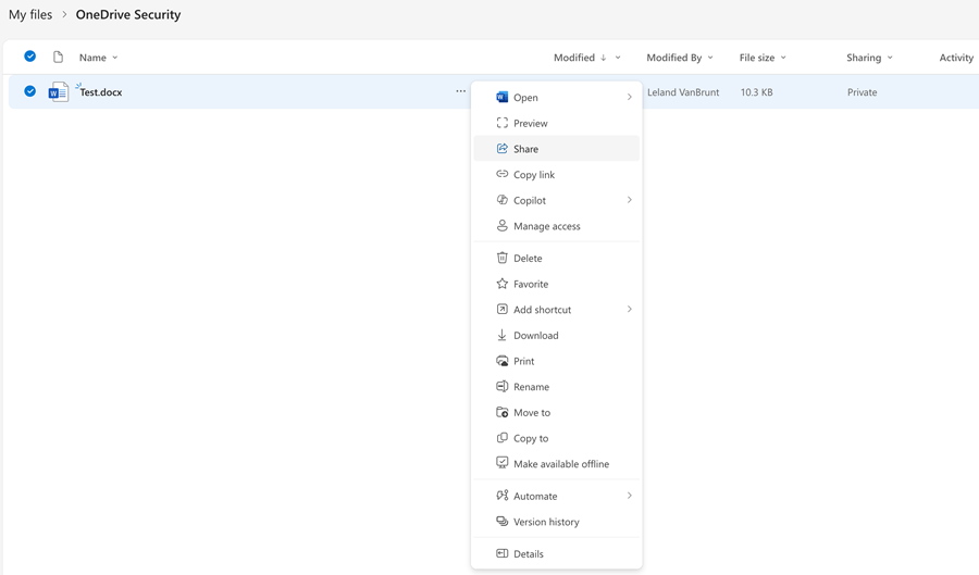Folder view of OneDrive