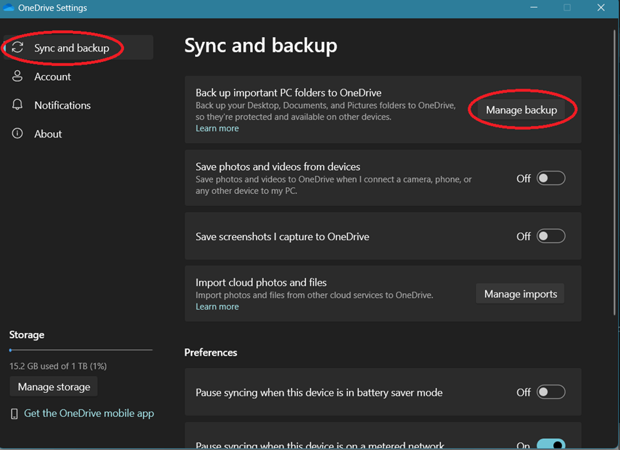 Screenshot showing the location of the Manage Backup menu