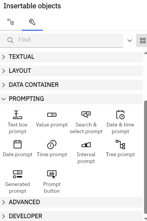 Insertable objects for reports with prompting options