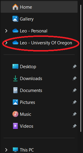 Screenshot of the University of Oregon OneDrive location in File Explorer