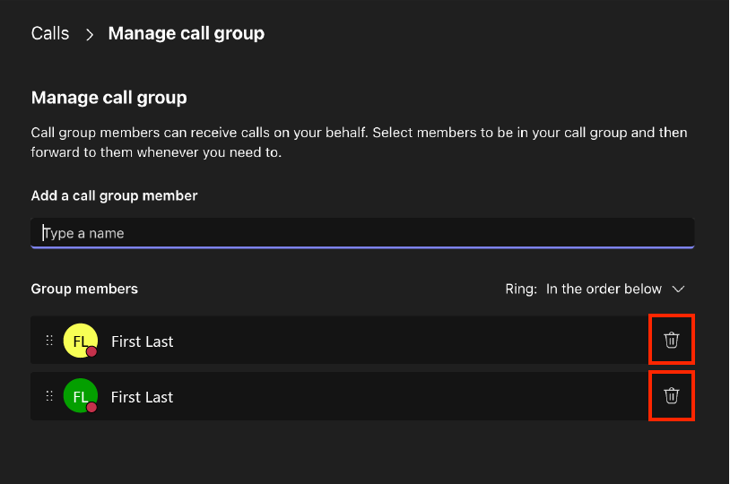 Manage call group with trash can icons highlighted