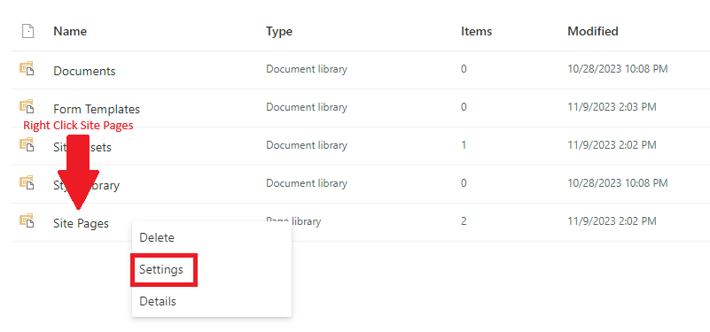 Site Pages folder with Settings sub-menu highlighted.