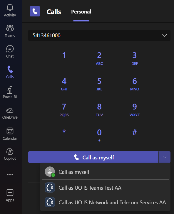 Personal calls app showing drop-down list of call queues available from the Call as myself button.