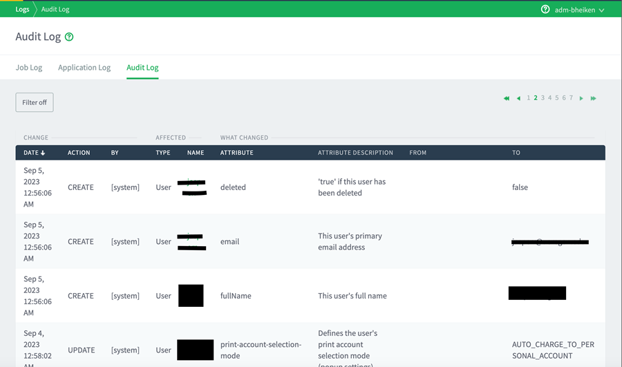 Screen shot of the Audit Log screen from Duckprints Web Admin Portal.