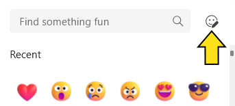 A screenshot of Microsoft Teams showing the Customize Default Reactions button highlighted with a yellow arrow. Customize Default Actions is to the right of the emoji search box, represented by a gray and white smiley face with a gray pencil on it.