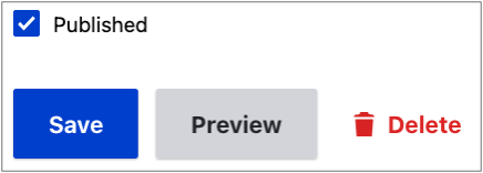 Screenshot of a web editor window showing the publish checkbox, save button, preview button, and delete button.
