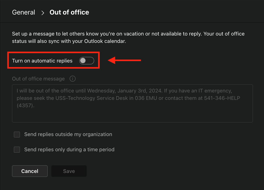 Out of office settings in Teams