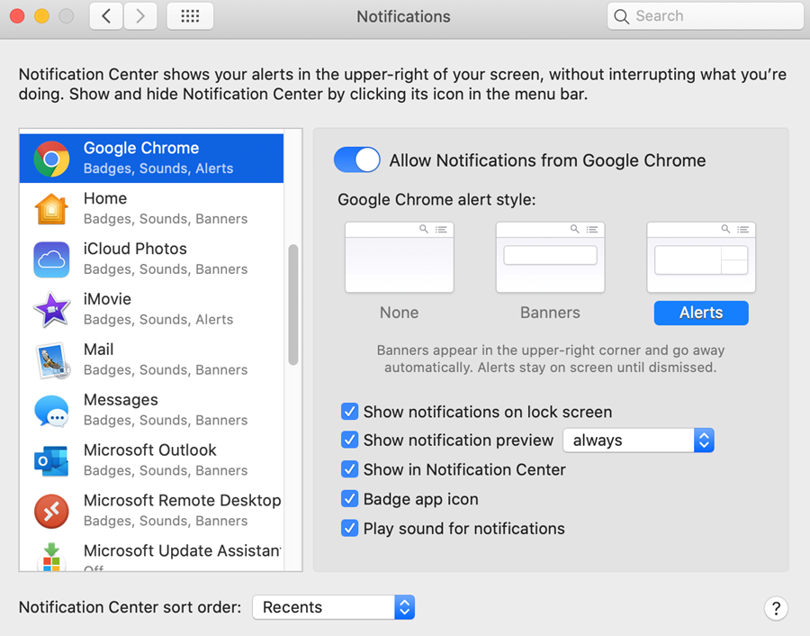 macOS notifications settings with Google Chrome highlighted