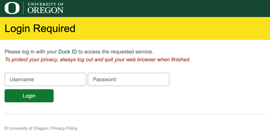 Log in with your Duck ID and password.