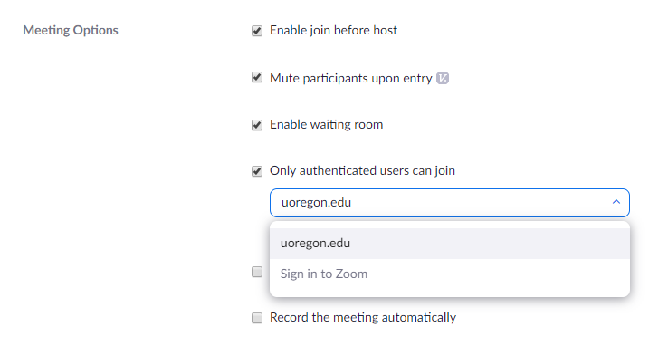 Zoom web app Meeting Options settings
