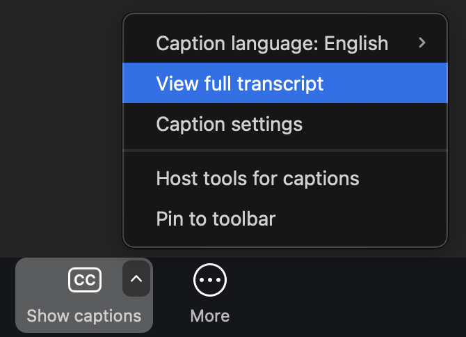 Select the arrowhead next to Live Transcript for more options