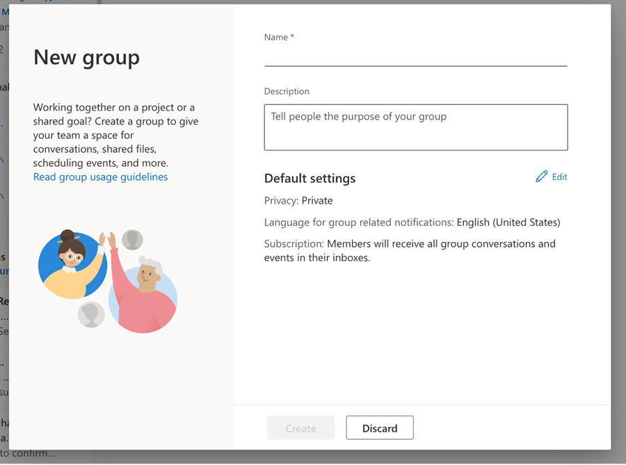 New Group dialog in Outlook on the web.