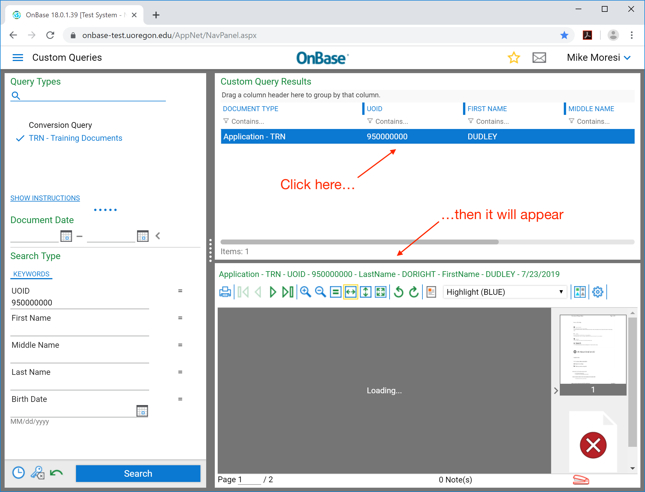 Click on the file from the search for it to appear in the client. Right-click for additional options.
