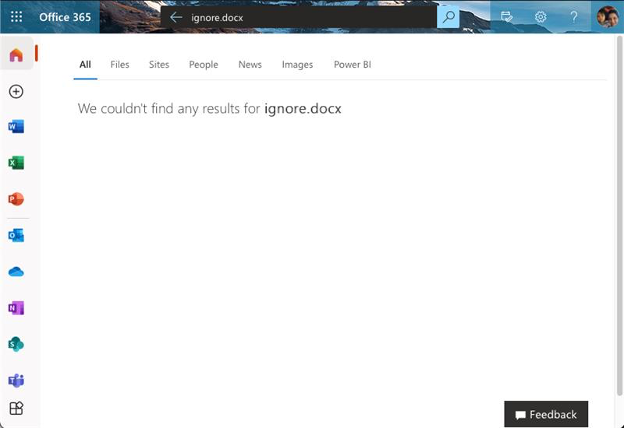 Ginamarie's search results window in Office 365 Online.