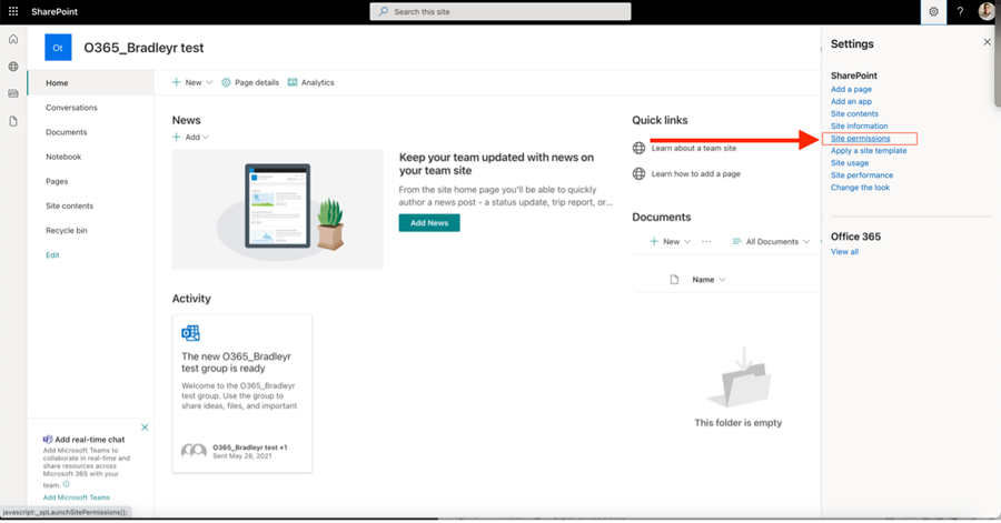 Site permissions link highlighted.